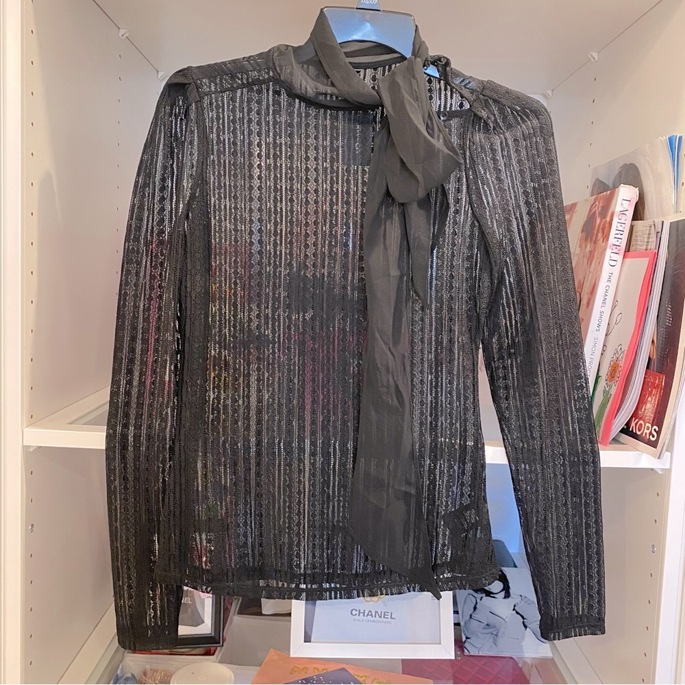 RW&Co black mock neck lace top with tie details  . NWT